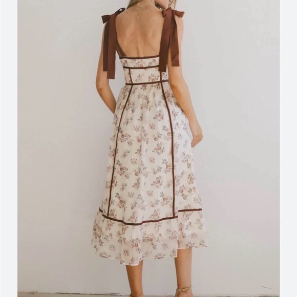 Bohme Cream with Print Floral Midi Dress  Tight Straps with Brown Trim - Picture 2 of 10